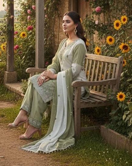 Sage Green Embroidered Pakistani Suit Set with Dupatta Salwar Kameez for Women