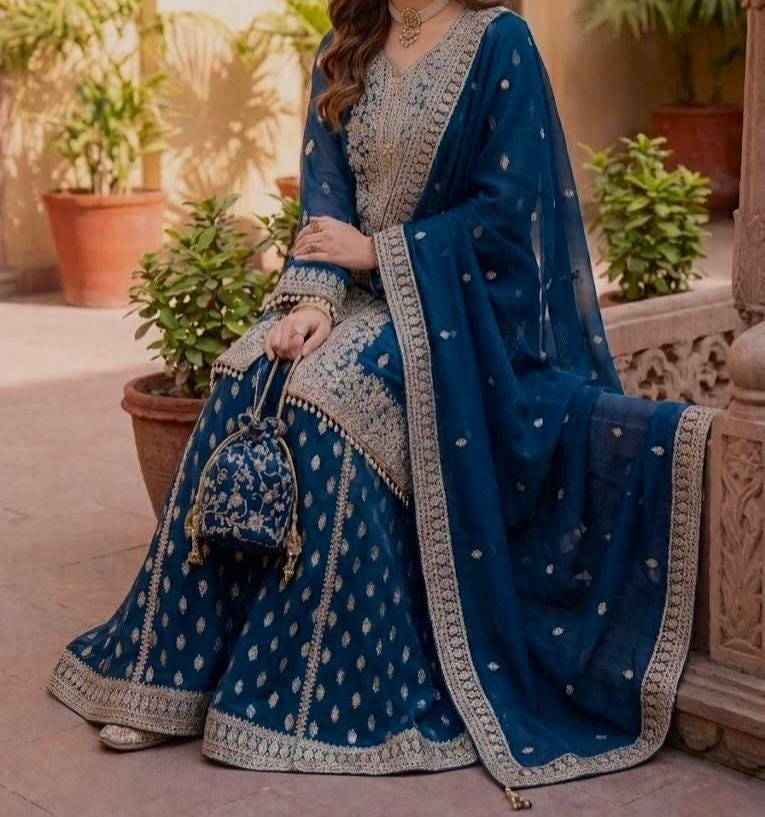 Pakistani Royal Blue Wedding Sharara & Kurta Set