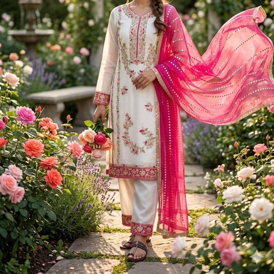 White Silk with Heavy Embroidery With Bright Pink Dupatta Fancy Lace Border