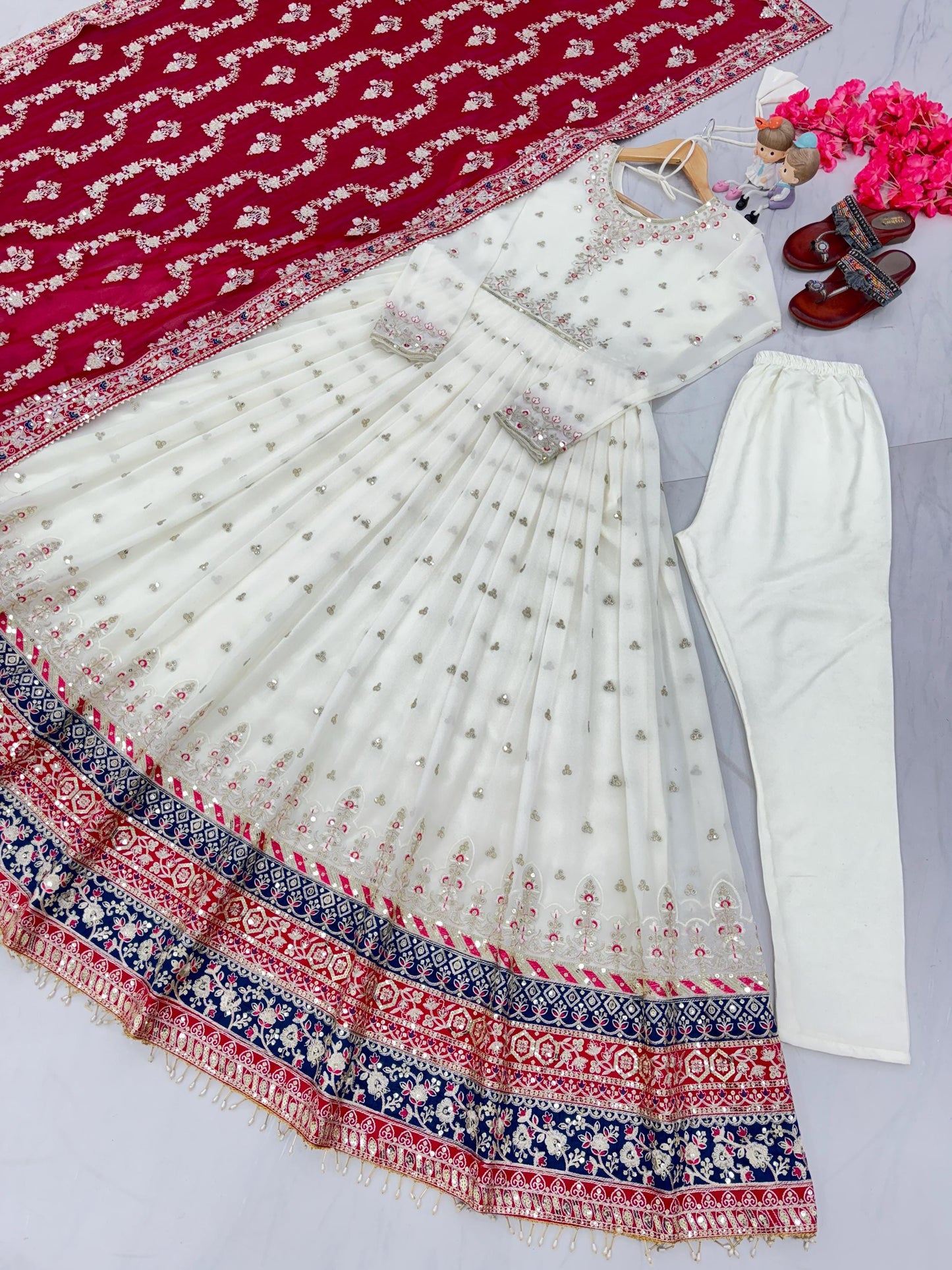 White Embroidered Anarkali Gown with Pink Dupatta for Women