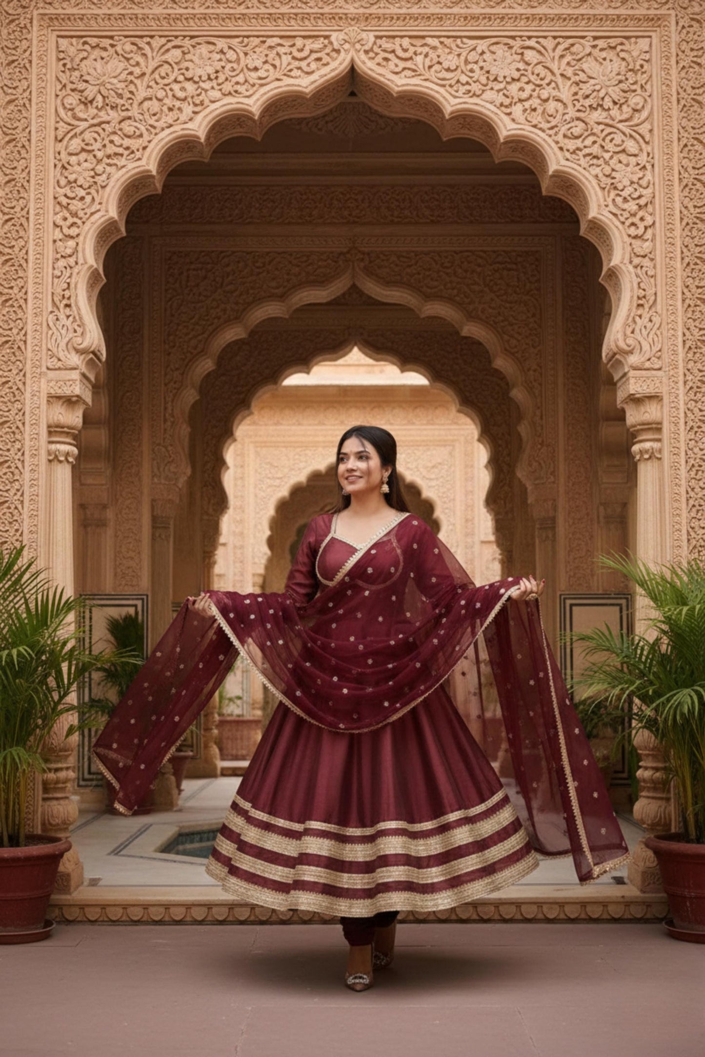 Maroon Anarkali Gown Set with Gold Border & Net Dupatta