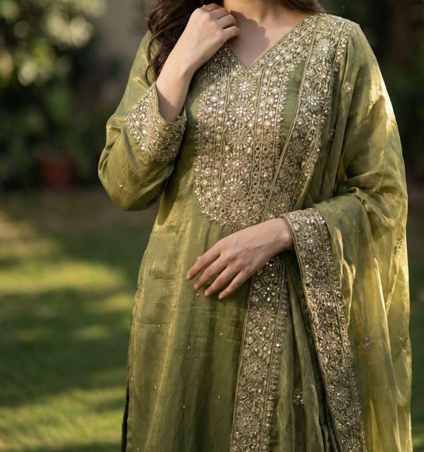Pakistani Green Silk Eid Kurta Palazzo Outfit For Women
