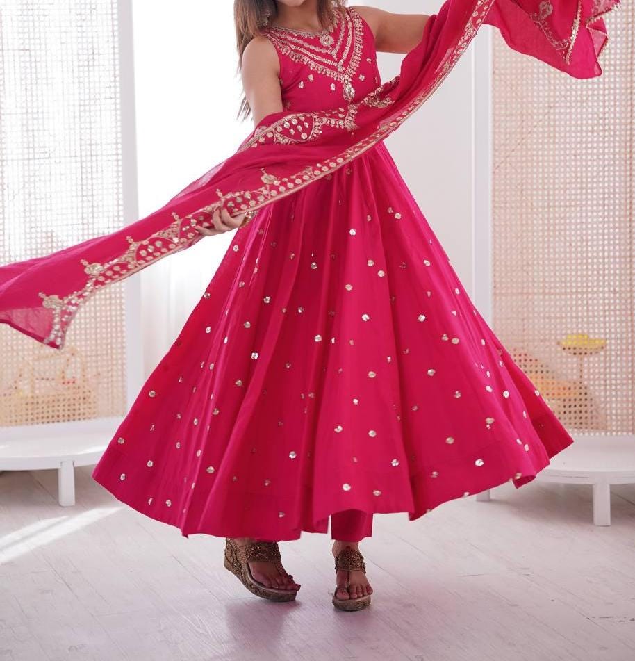 Hot Pink Flowy Anarkali Gown with Embroidered Dupatta