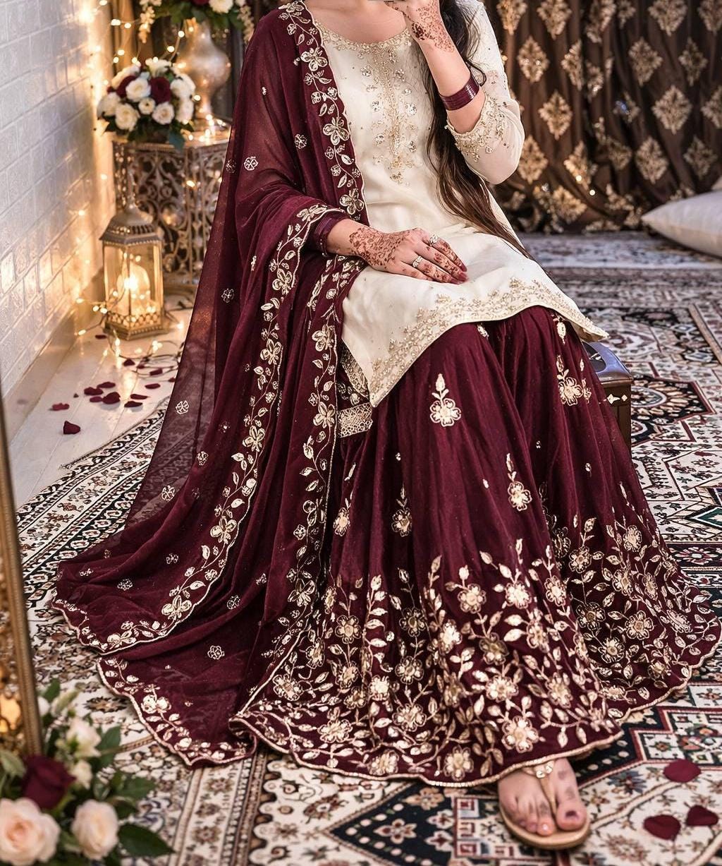 White Designer Kurta With Burgundy Sharara Suit For Pakistani Wedding
