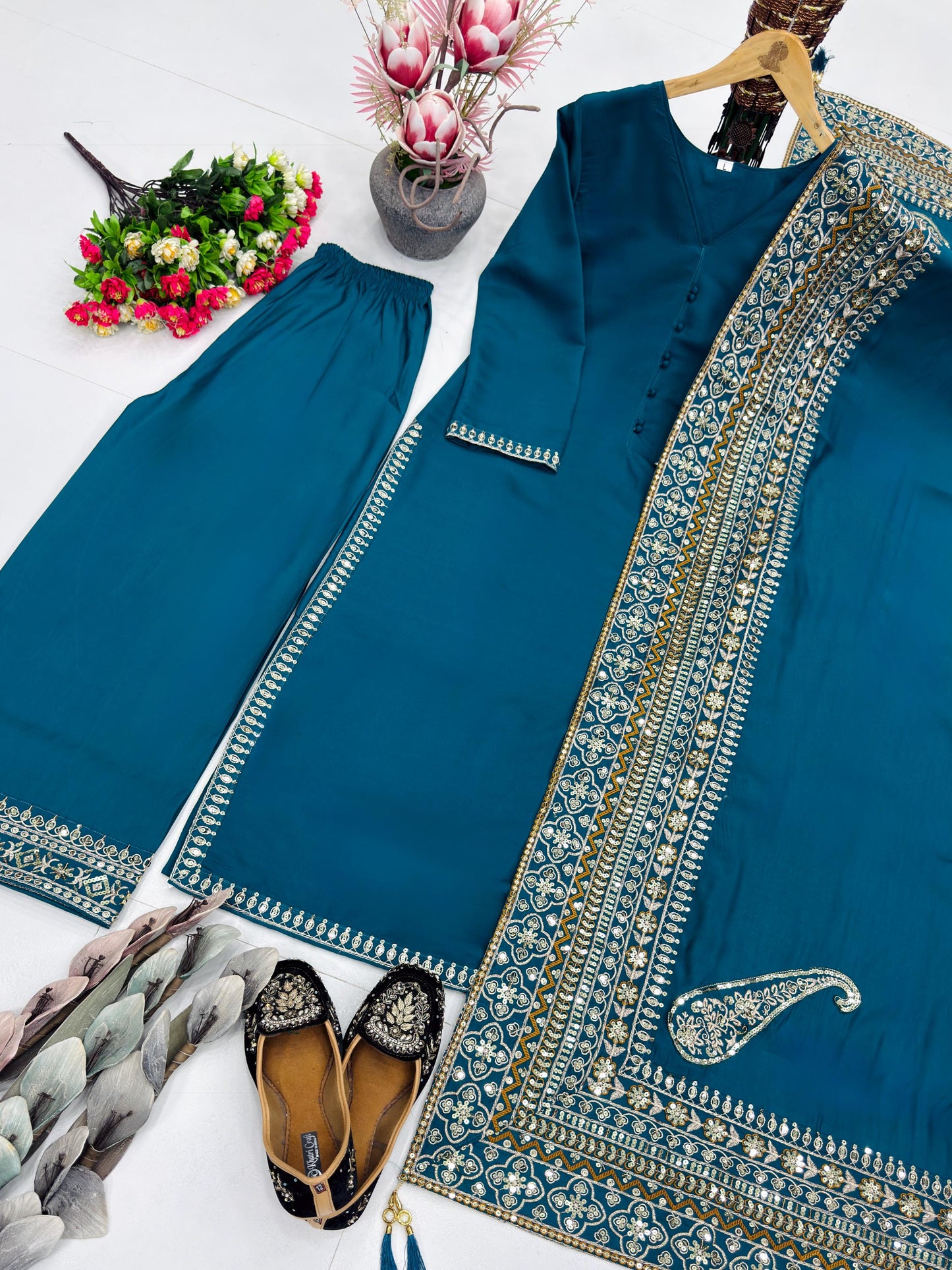 Blue Roman Silk Embroidered 3 Piece Suit Set for Eid with Fancy Dupatta