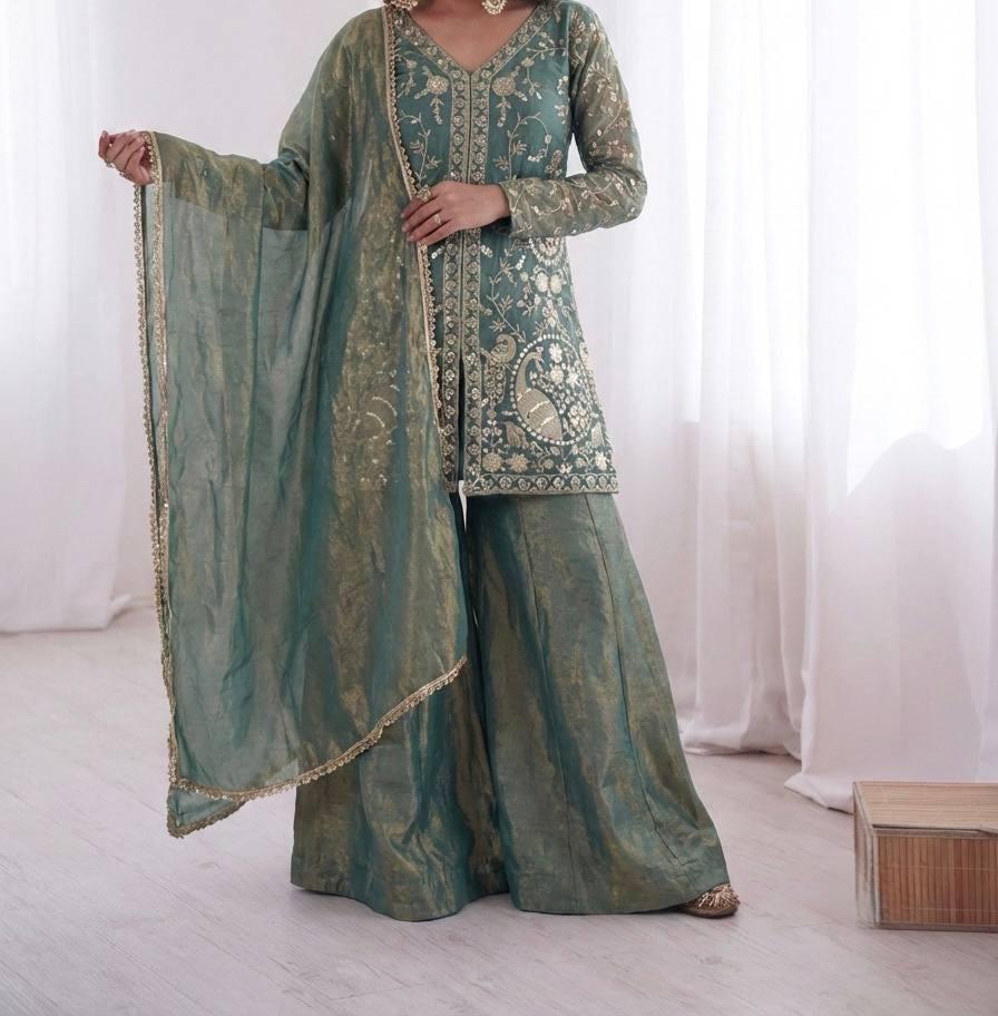 Sage Green Embroidered Palazzo Suit Set with Dupatta - Fully Stitched
