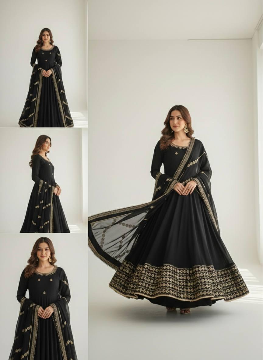 Black Silk Anarkali Suit with Embroidery & Dupatta