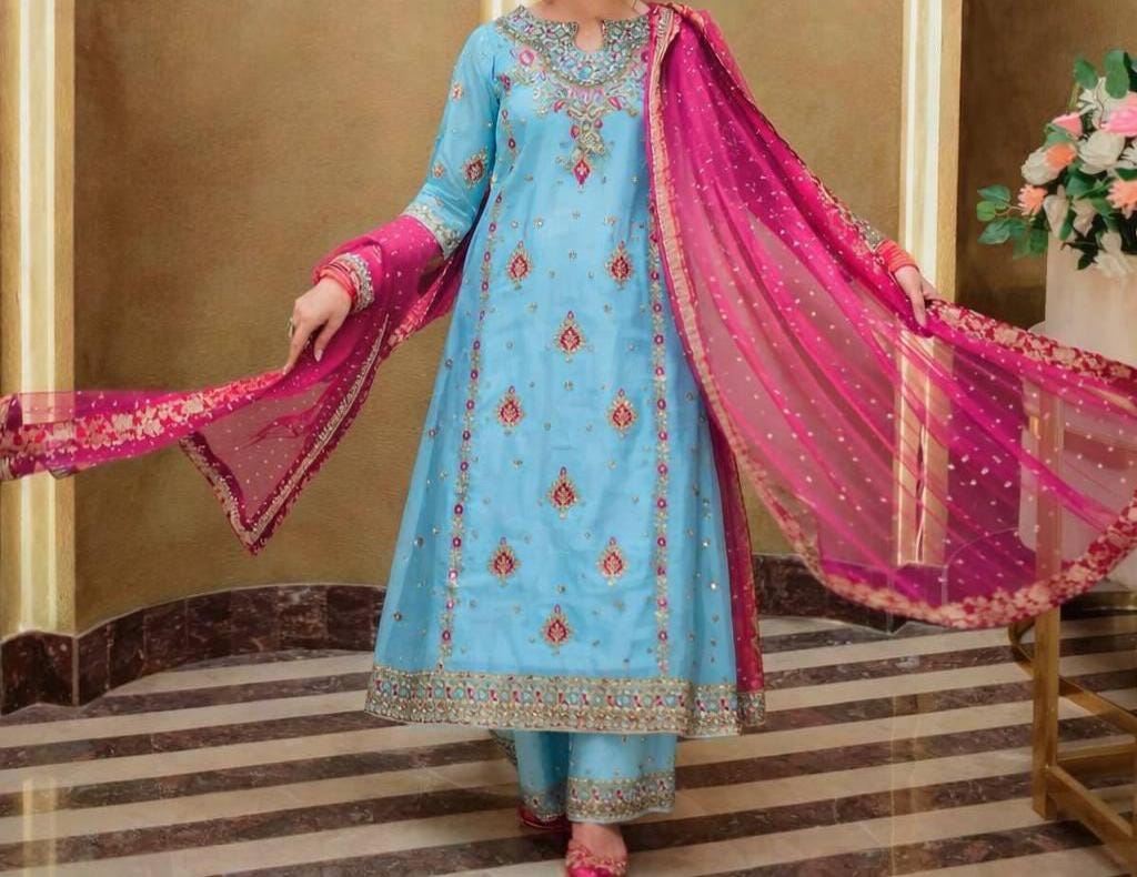 Punjabi Styled 3-Piece Embroidered Palazzo Suit Ethnic Dress