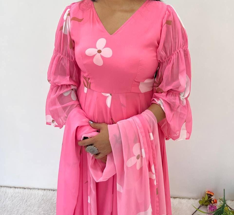 Georgette Pink Anarkali & Palazzo With Dupatta