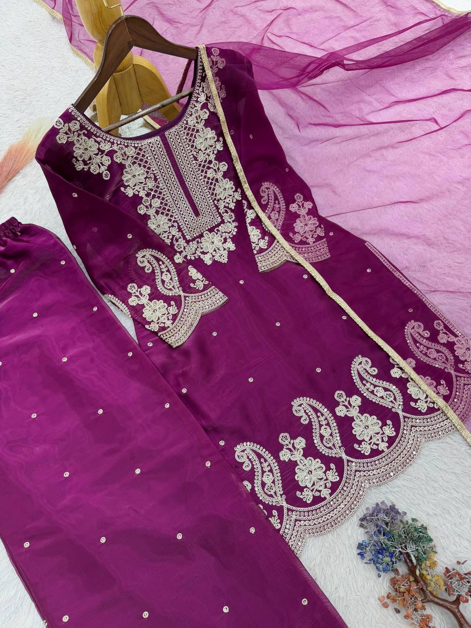 Embroidered Purple Faux Georgette Pakistani Palazzo Suit | Wedding Wear