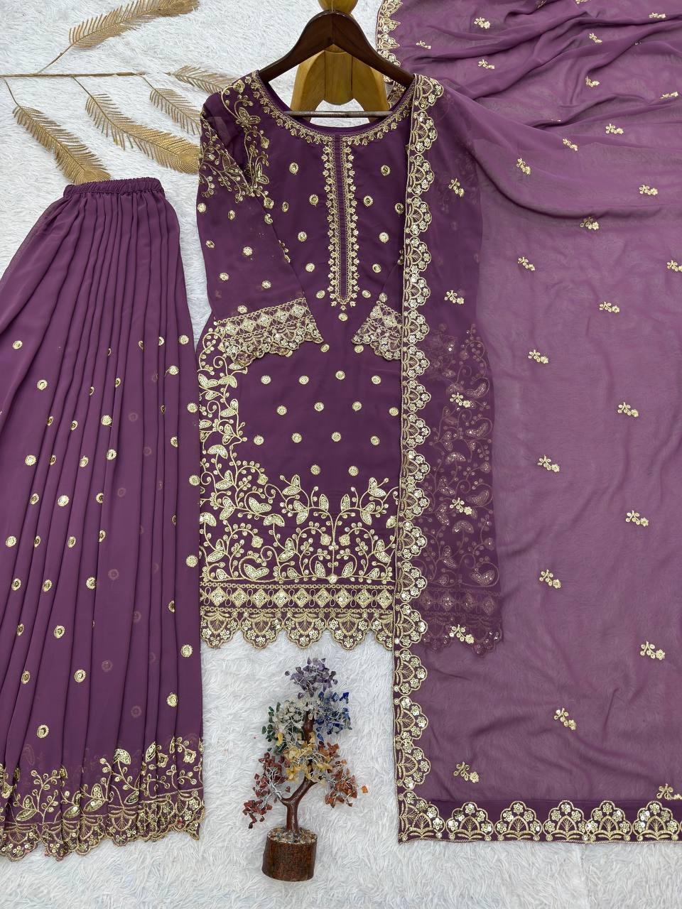 Purple Georgette Zari Sequins Sharara Suit Festive Wear