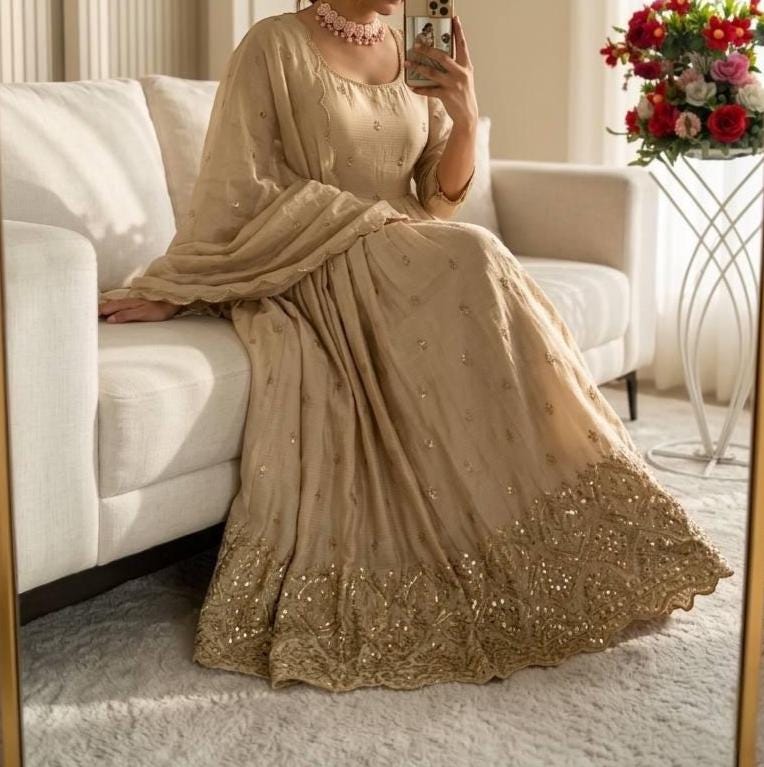 Beige Handcrafted Resham Work Anarkali Gown for Women