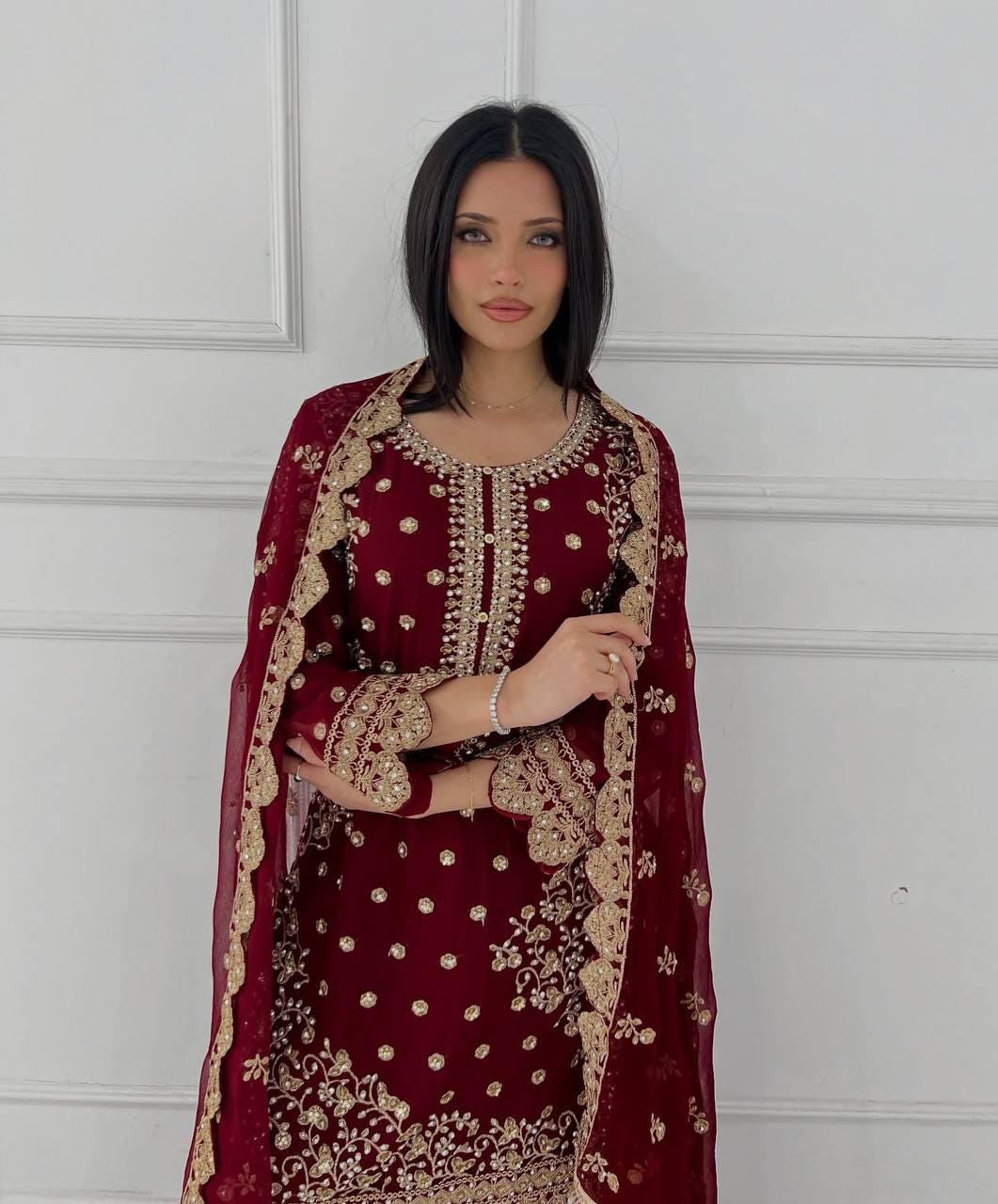 Embroidered Georgette Kurta Palazzo Set with Dupatta | Wedding & Haldi Wear