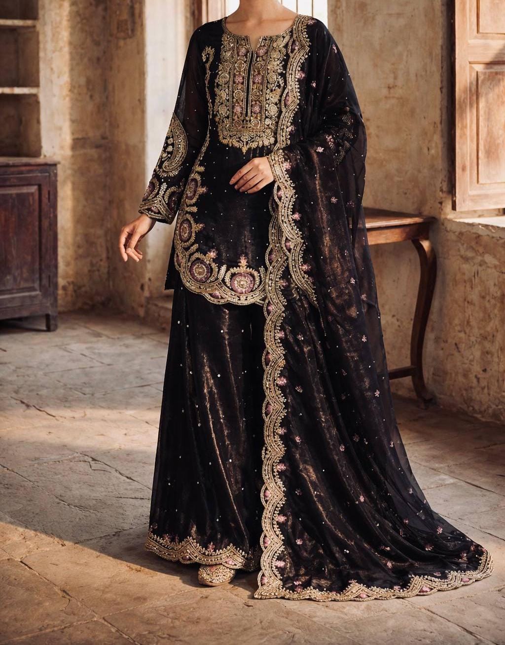 Black Velvet Embroidered Short Kurta & Palazzo Suit , Shalwar Kameez , Punjabi Wedding Suit