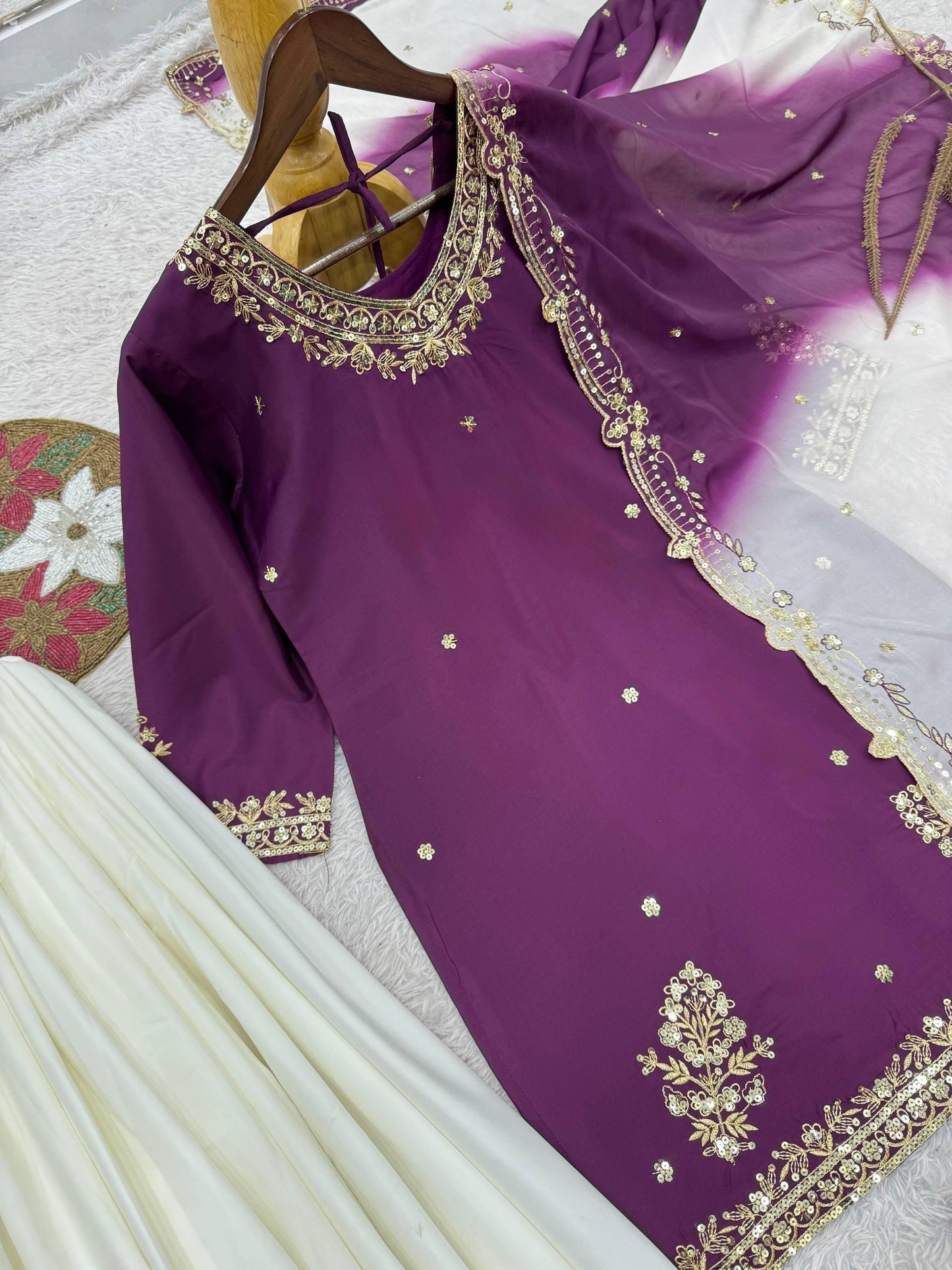Purple Embroidered Kurti with White Designer Palazzo & Dupatta Set