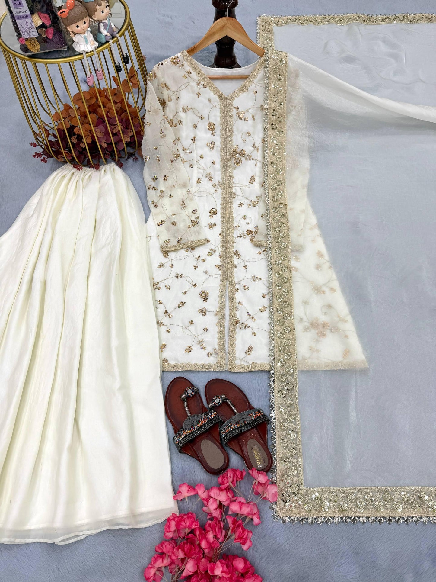 Elegant White With Heavy Gold Embroidery Traditional Palazzo Suit for Women