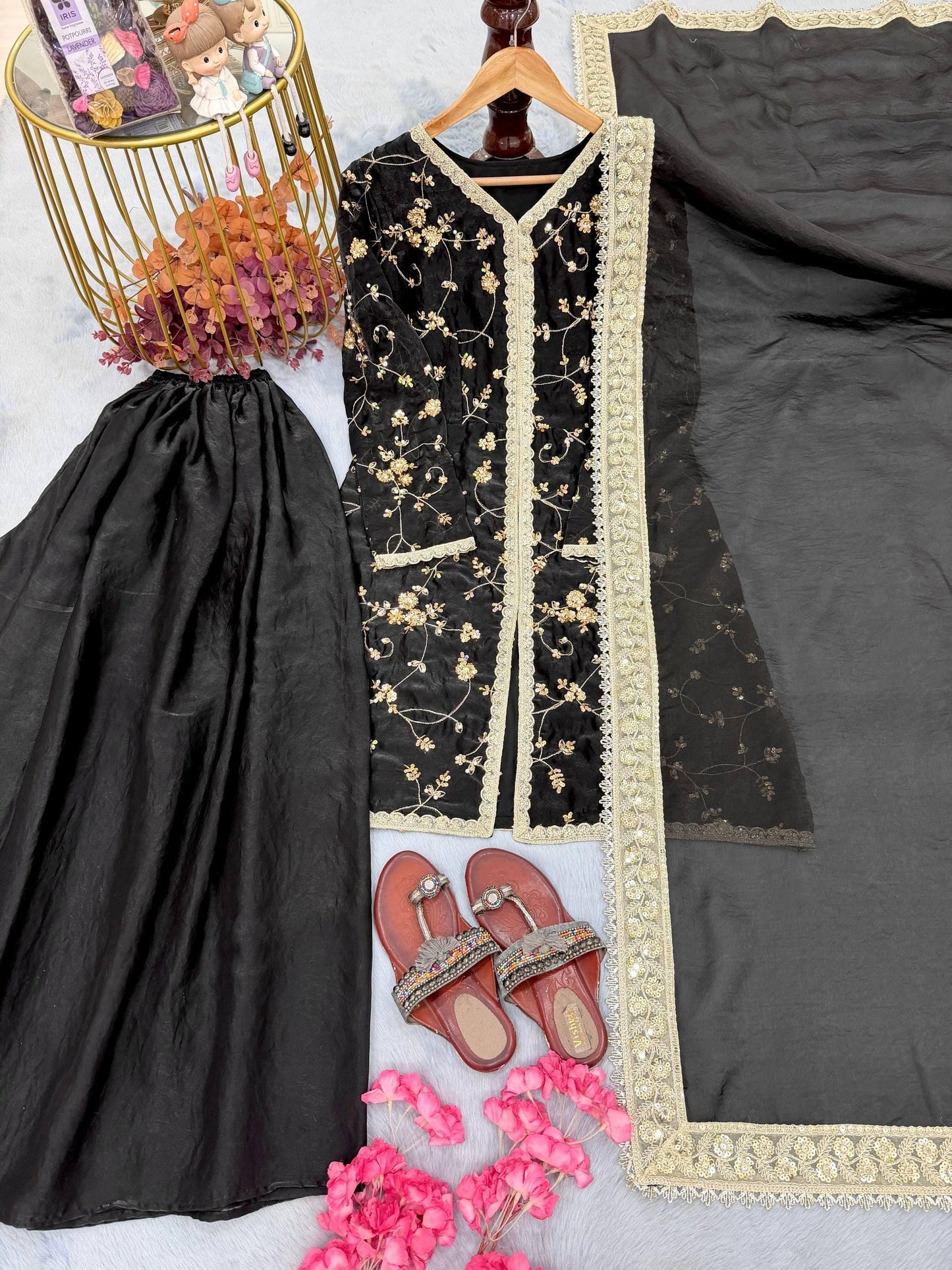 Black Fandy Silk Palazzo Suit with Heavy Embroidery and Dupatta