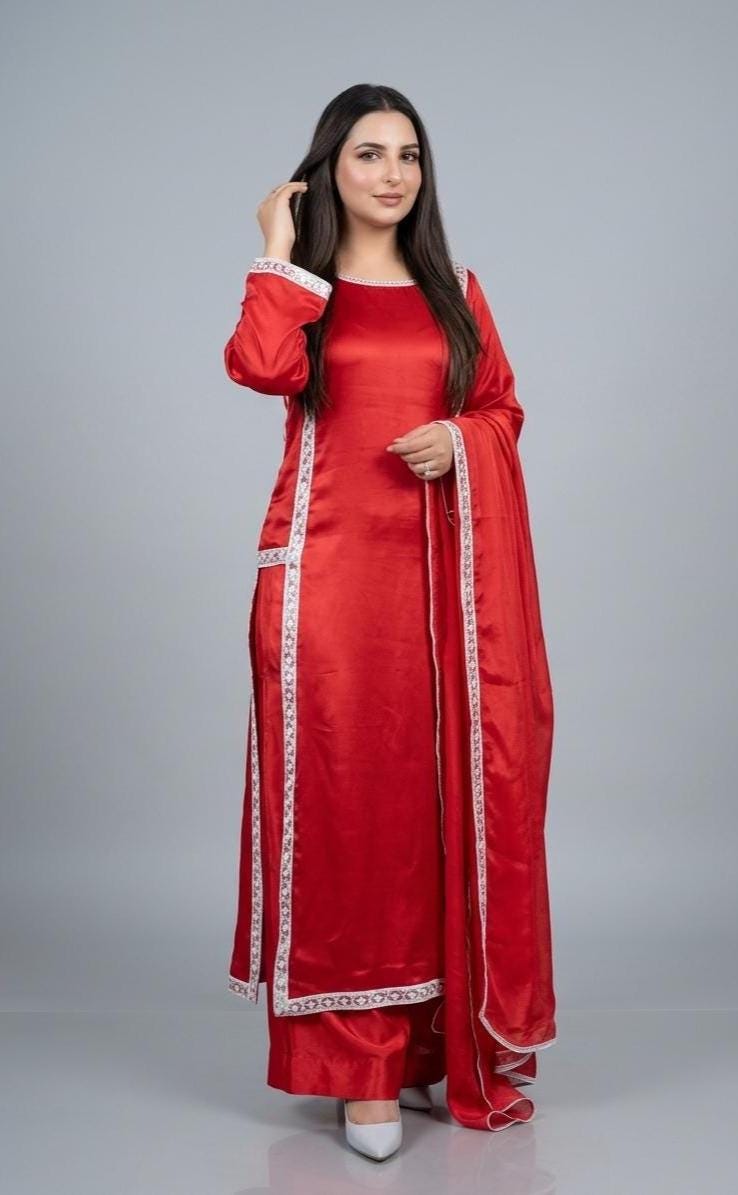 Designer Kurta & Palazzo Red silk, Punjabi suit set, Salwar Kameez, Pakistani Long Nikah Outfit