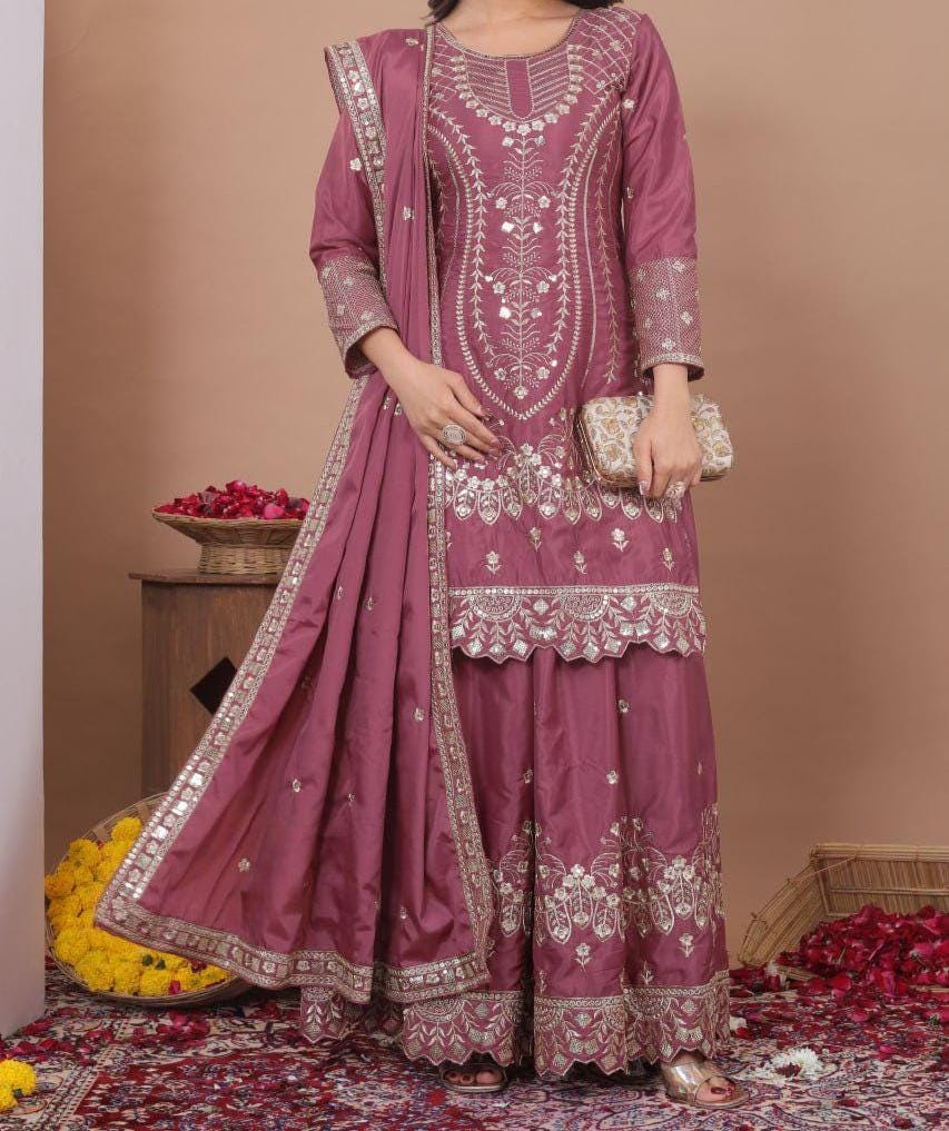 Pink Embroidered Palazzo Suit Set with Dupatta