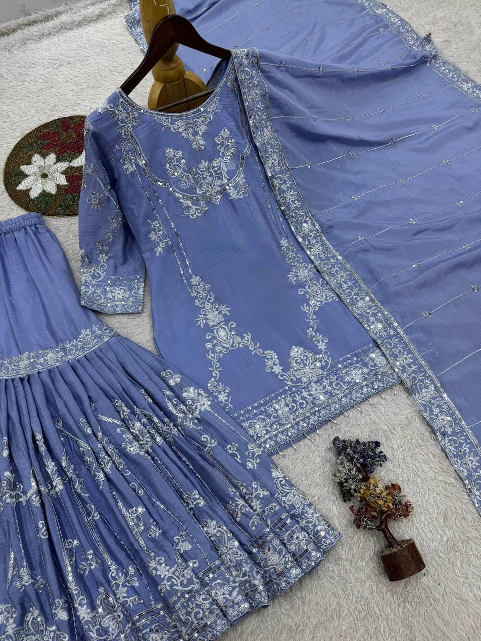 3-Piece Fancy Kurti with Sharara and Dupatta
