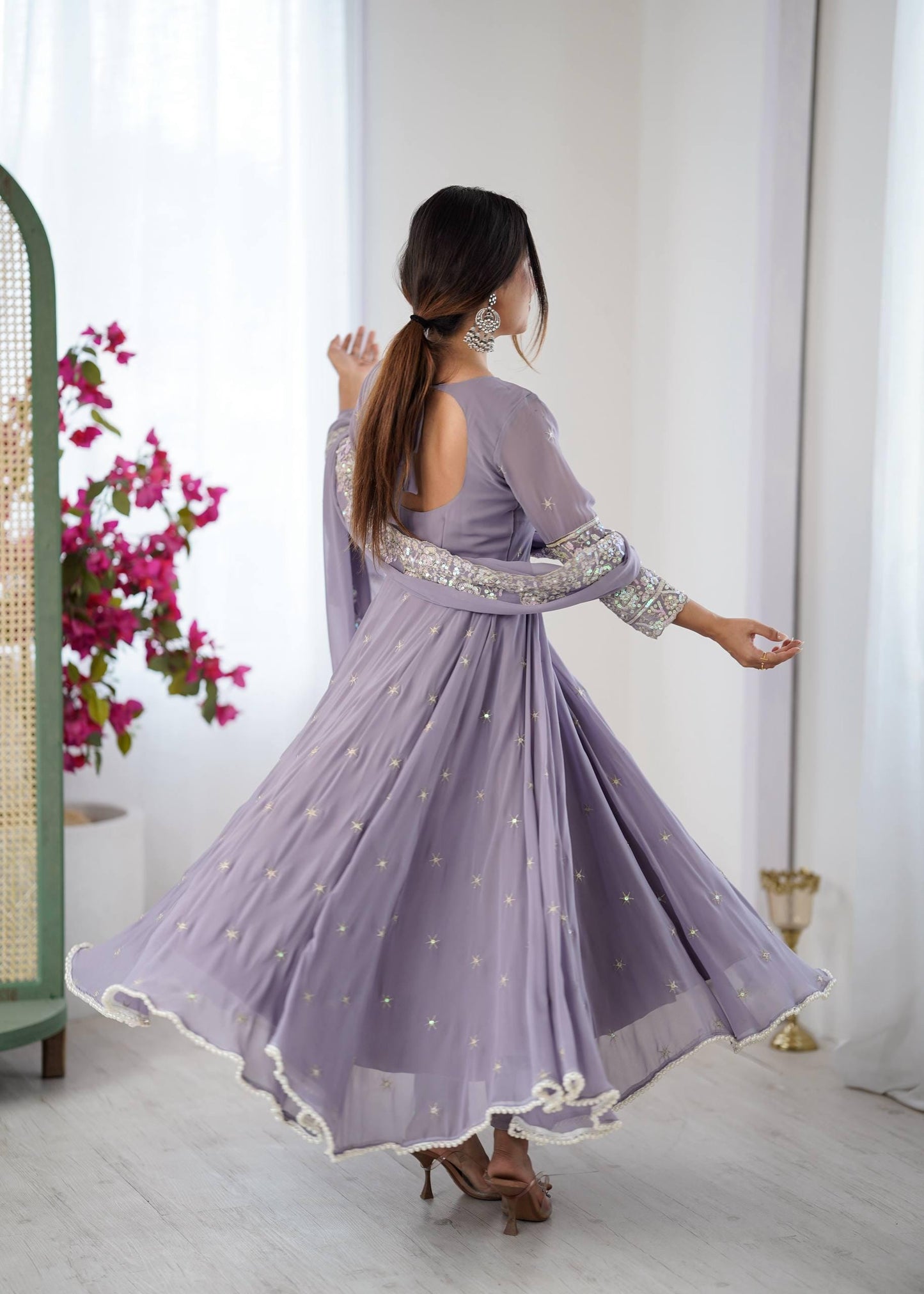 Lavender Embroidered Anarkali Gown with Dupatta | Indian Wedding Guest Party Wear