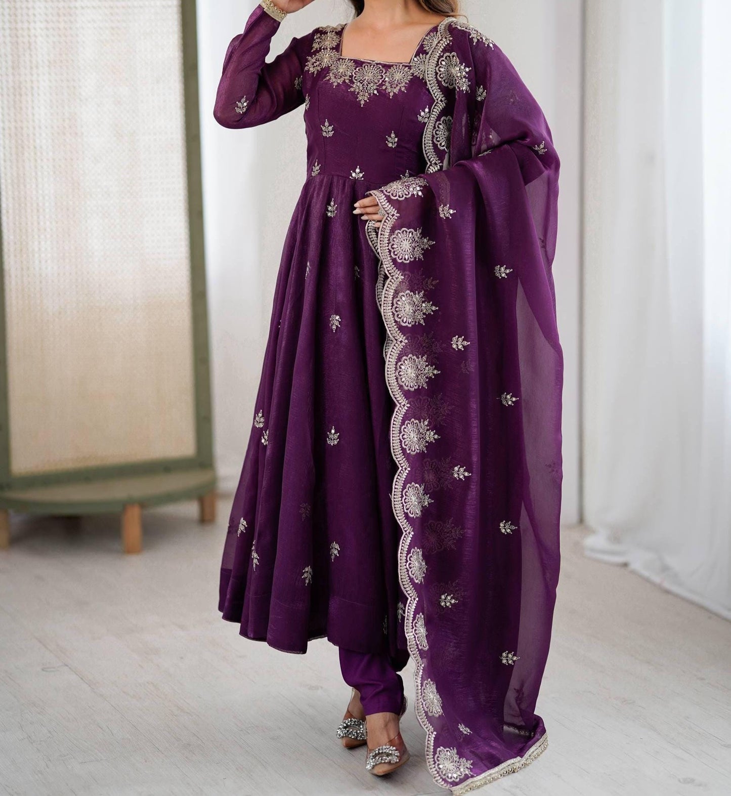 Royal Purple Embroidered Crunchy Silk Anarkali Gown with Dupatta Set