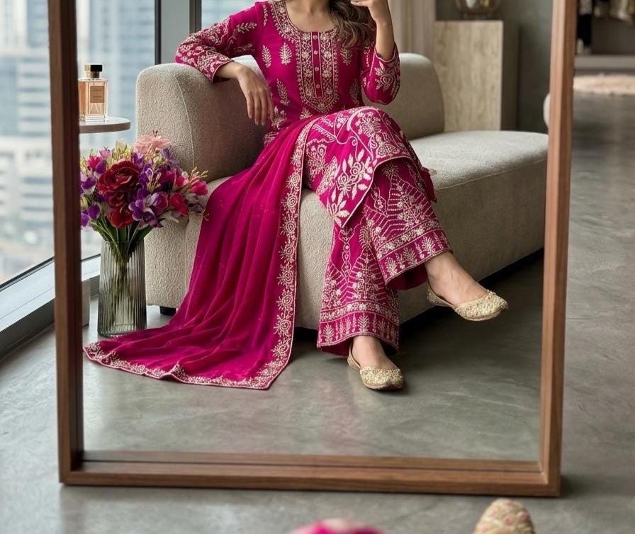 Rani Pink Chinon Silk Embroidered Salwar Kameez with Flared Palazzo