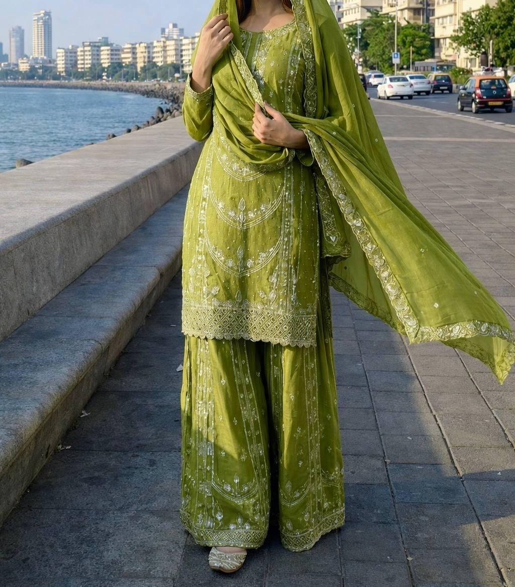Elegant Parrot Green Kurta Palazzo Set with Sequin Embroidery