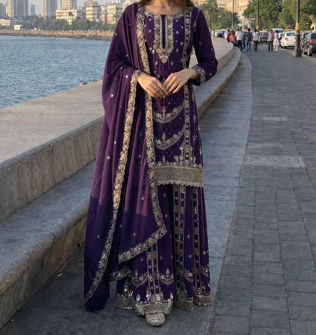 Purple Embroidered Palazzo Suit with Dupatta | Indian Ethnic Wear