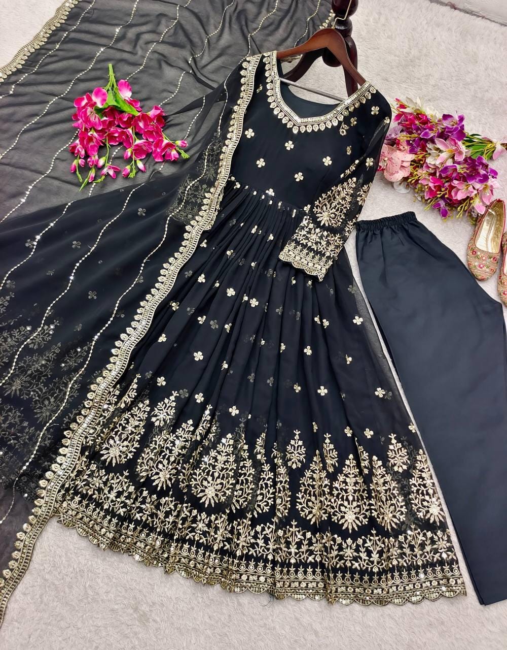 Anarkali Gown with Golden Embroidered Dupatta , Long salwar kameez