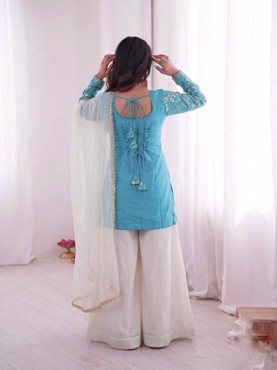 Blue and White Indian Ethnic Wear Kurta Palazzo Outfit - Short kurti , Ethnic fashion India