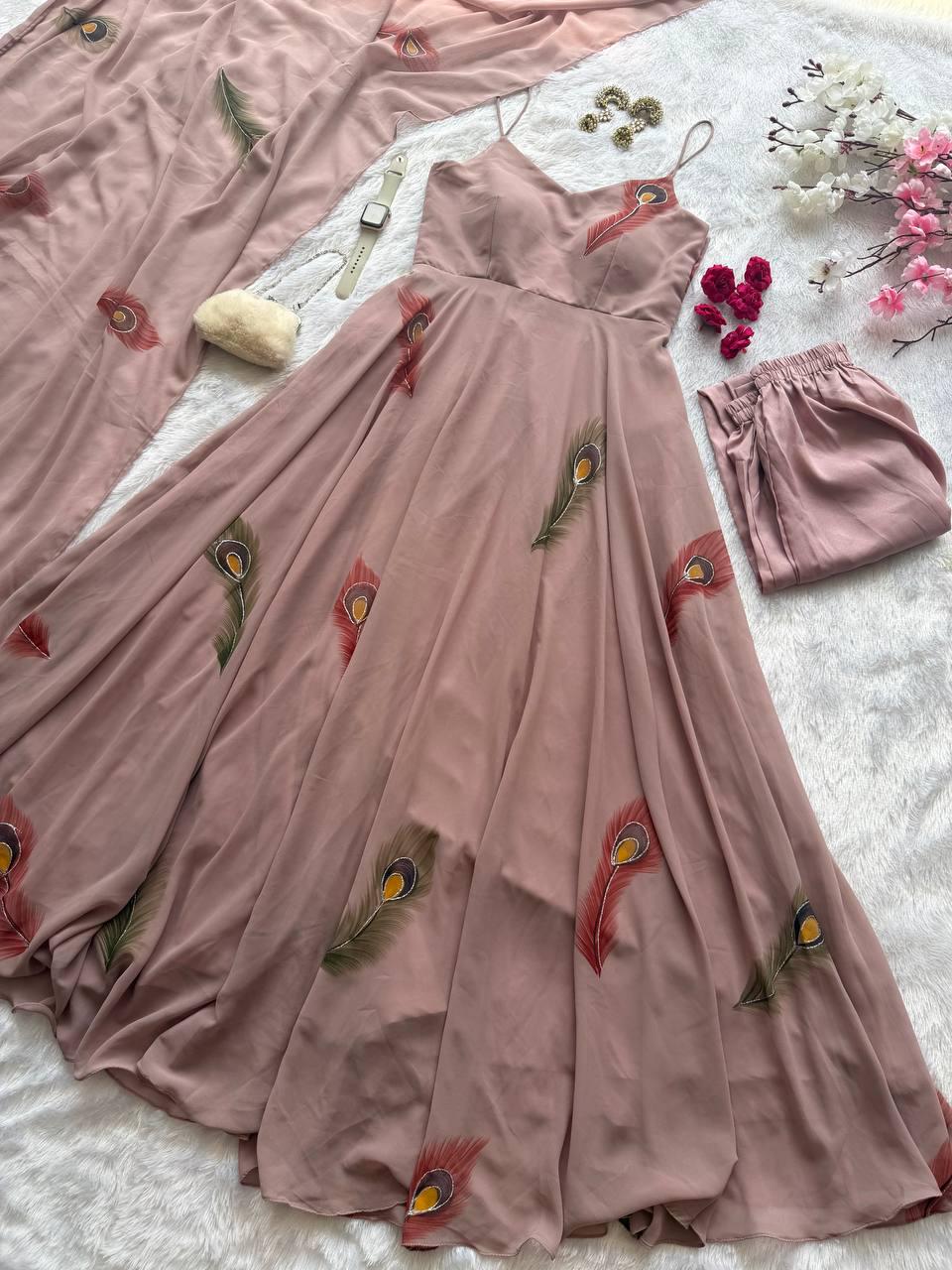 Dusty Pink Peacock Feather Print Women's Dress & Pants Set