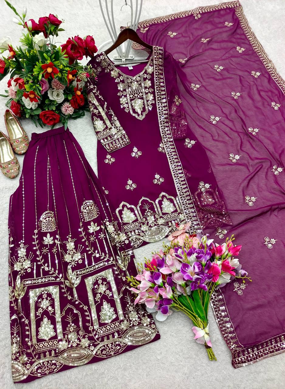 Designer Georgette Palazzo Suit Set | Sequin Embroidery Kurta, Dupatta, Sharara | Bollywood Party Wear Outfit