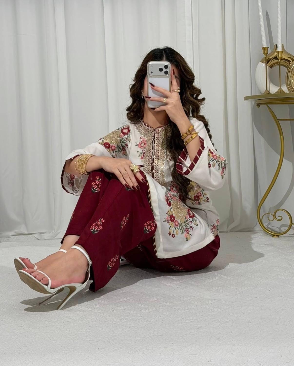 Embroidered White Kurti with Maroon Palazzo Pakistani Indian Suit