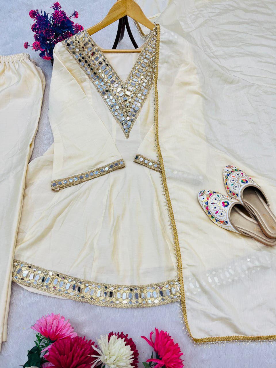 Mirror Work Chinon Silk Kurta Palazzo Set with Dupatta, Elegant Indian Ethnic Outfit for Women, Festive Party Wear (M-XXL)