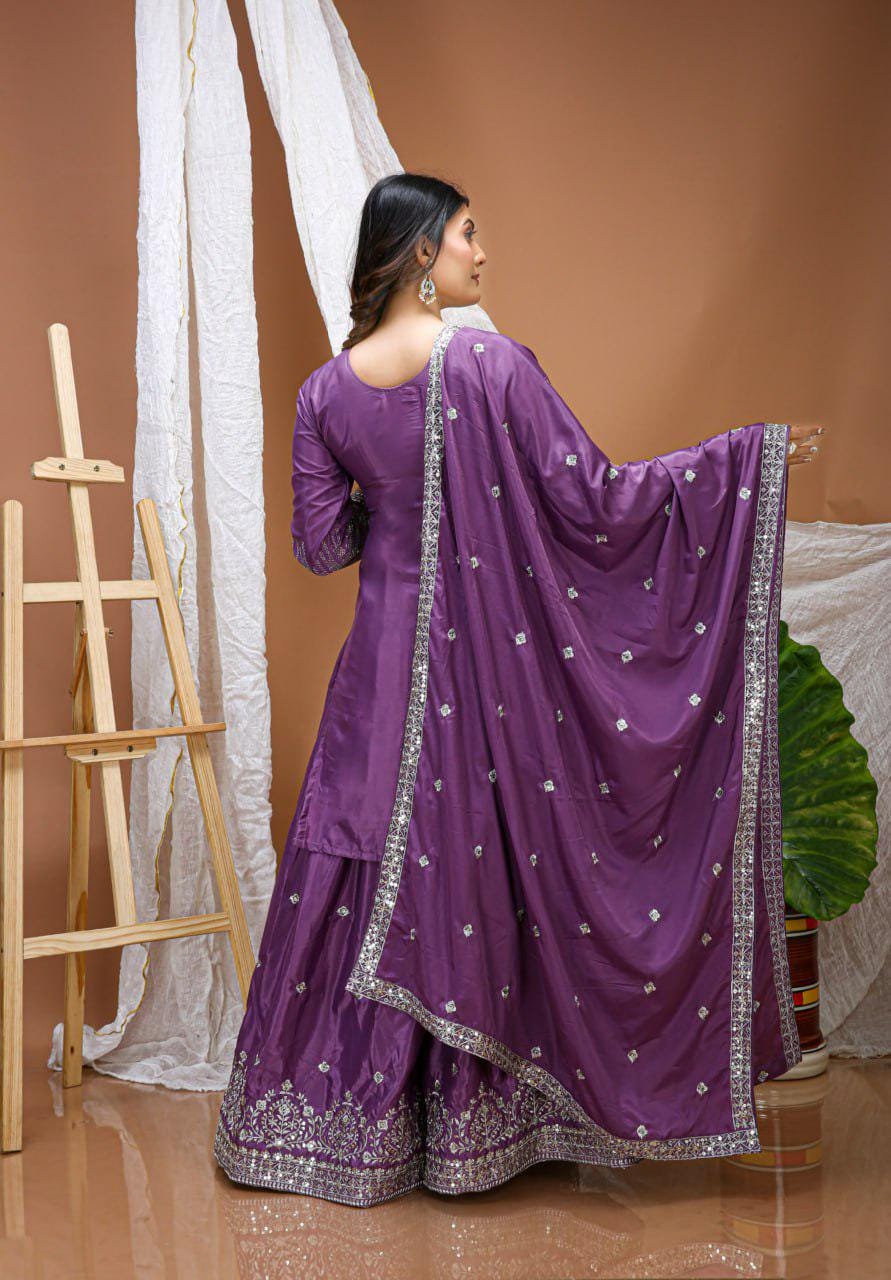 Purple Natural Crepe Embroidered Straight Palazzo Suit For Women
