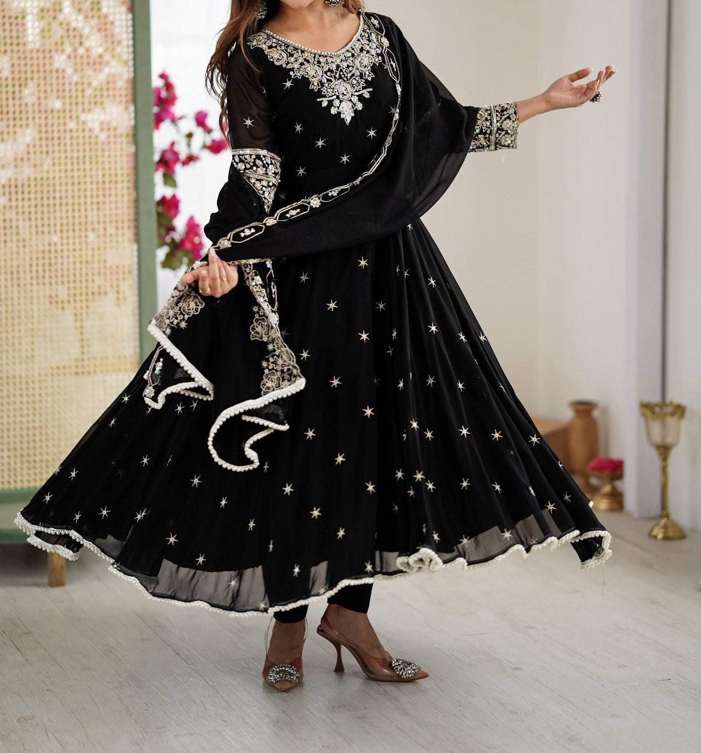 Women's Embroidered Faux Georgette Anarkali Kurta Set with Dupatta