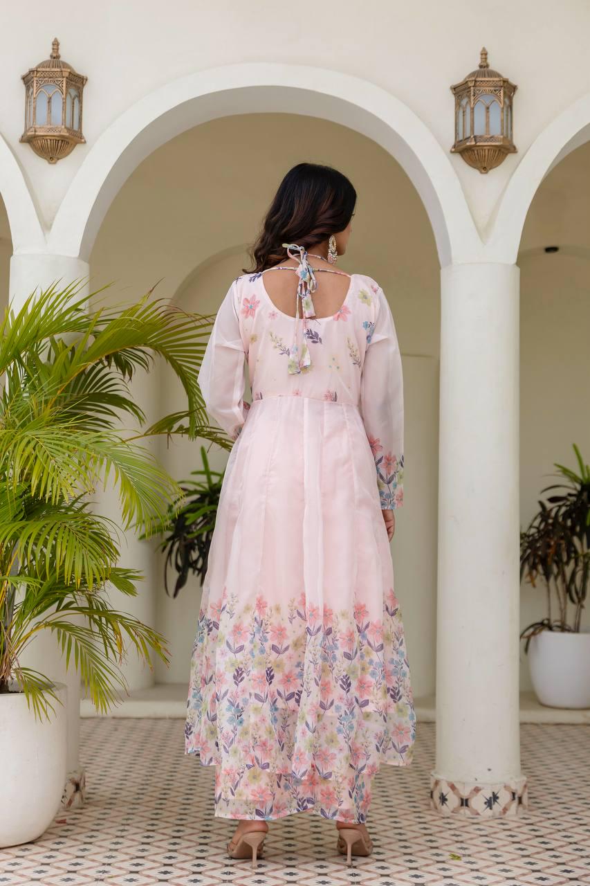 Women's Pink Floral Printed Organza Anarkali Suit Set with Dupatta & Pant