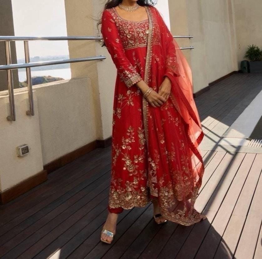 Red Georgette Anarkali Gown Set with Sequin Embroidery | Bollywood Wedding Outfit