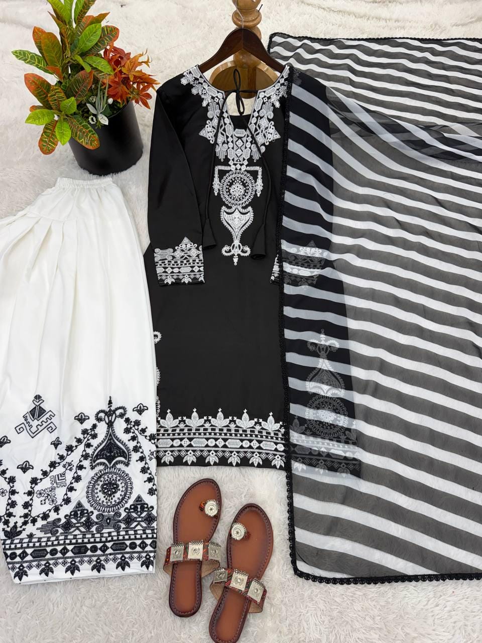 Silk Kurta Palazzo Set with Embroidery Printed Dupatta, Festive Ethnic Wear