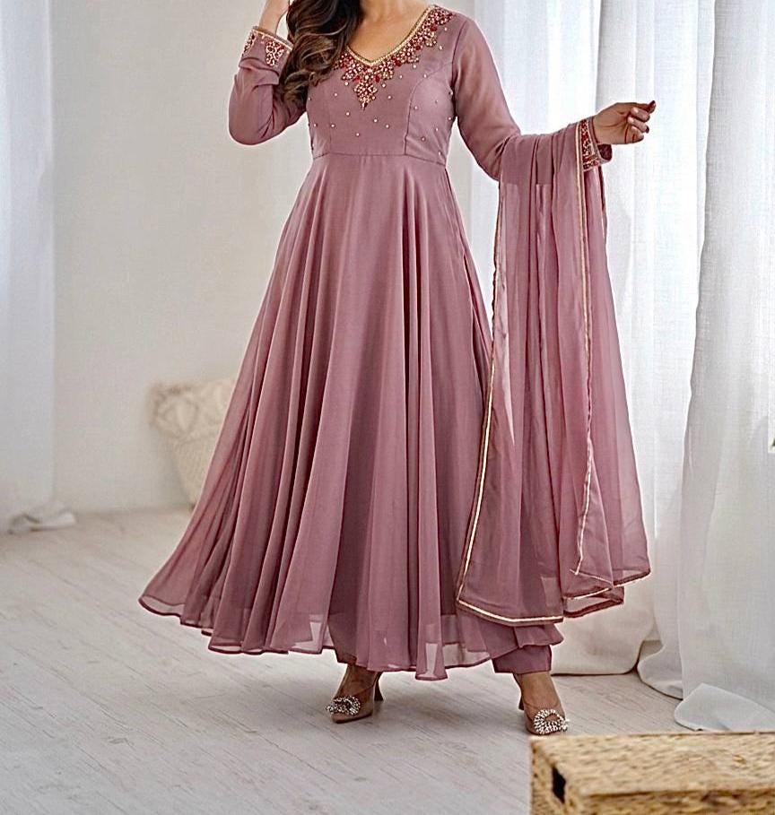 Dusty Rose Color Anarkali Gown Set with Dupatta & Pant, Heavy Georgette Handwork Design