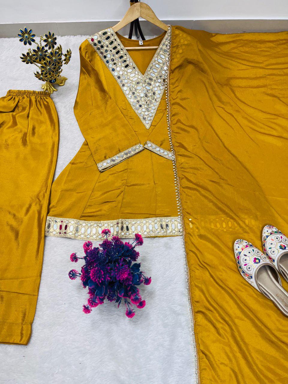 Mirror Work Chinon Silk Kurta Set , Stylish Palazzo Suit with Dupatta : Traditional Festive Wear India