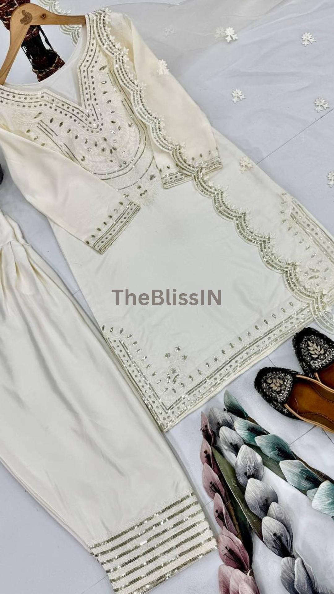 White Natural Silk Embroidered Salwar Suit Set with Palazzo & Soft Net Dupatta