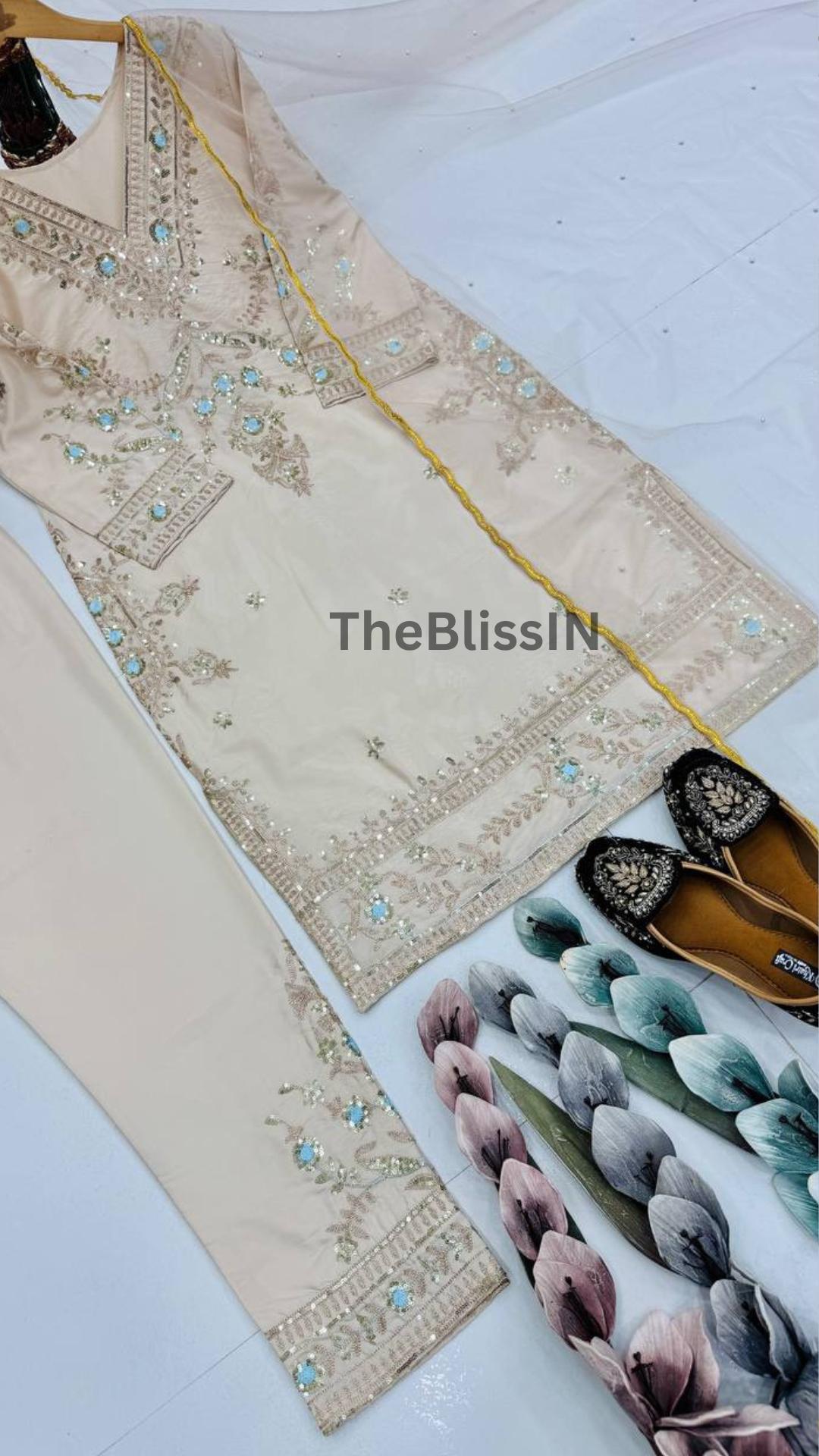 Exclusive Beige Natural Silk Embroidery Kurta Set with Four-Side Lace Dupatta