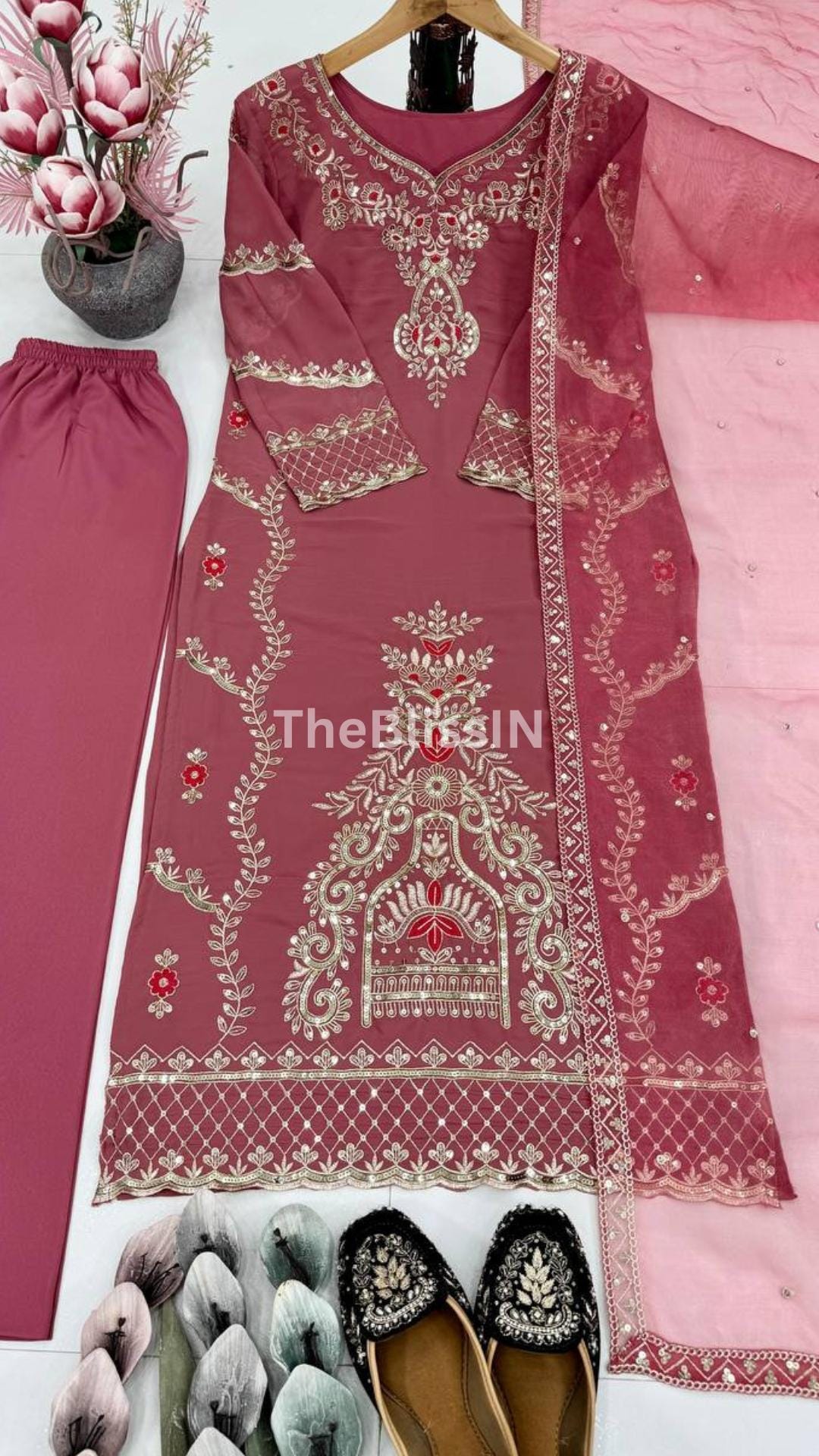 Embroidered Georgette Kurta Suit with Palazzo & Soft Net Dupatta – Festive and Indian Wedding Dress