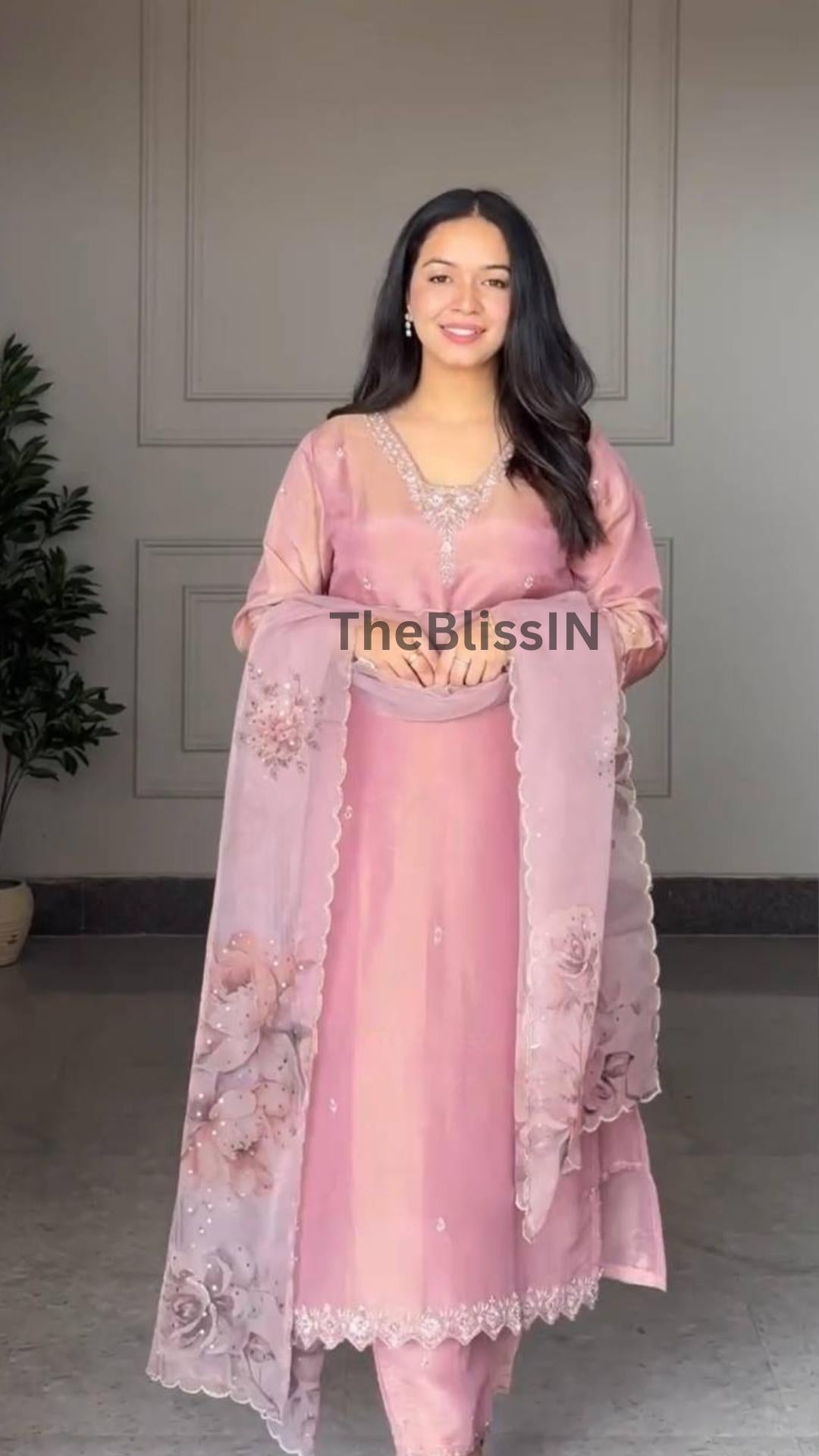 Indian Party Wear Crepe Salwar Suit Set with Palazzo & Printed Organza Dupatta