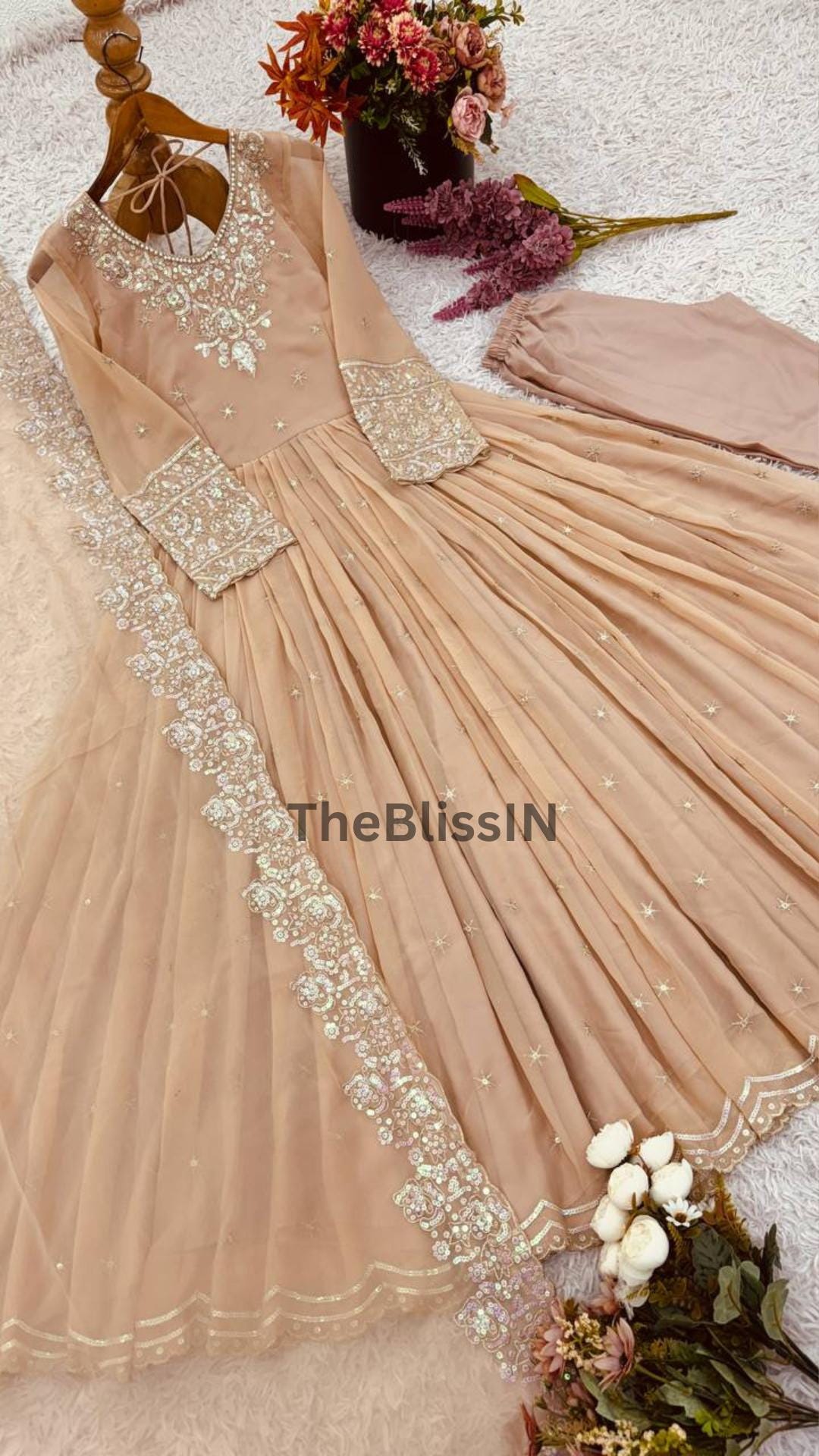 Embroidered Georgette Anarkali Gown Set: Indian Party Wear with Dupatta