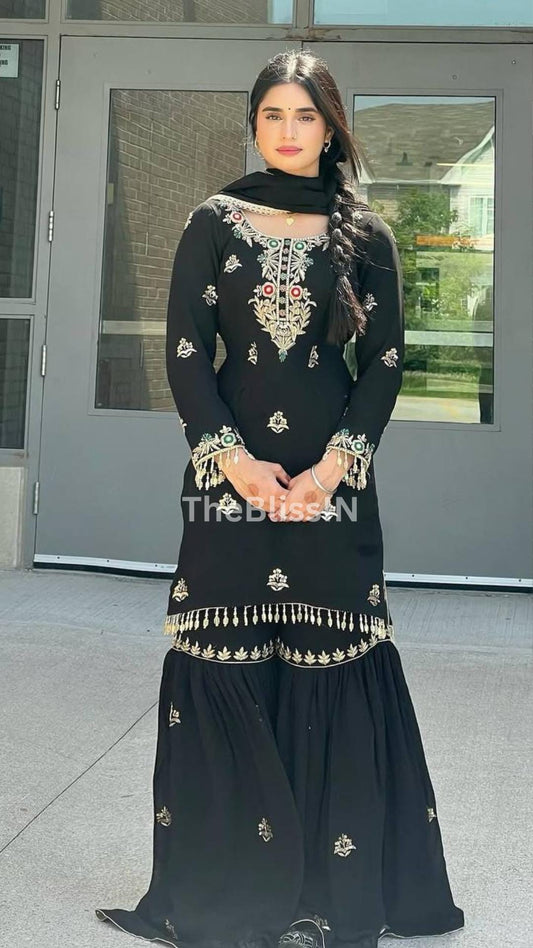 Chinon Silk Black Sharara Suit Set with Sequin Embroidery & Lace Dupatta