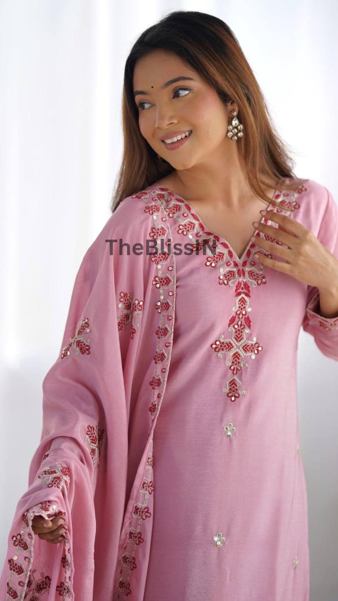 Artisanal Chinnon Silk Heavy Sequence Embroidered Kurta Bottom Dupatta Set