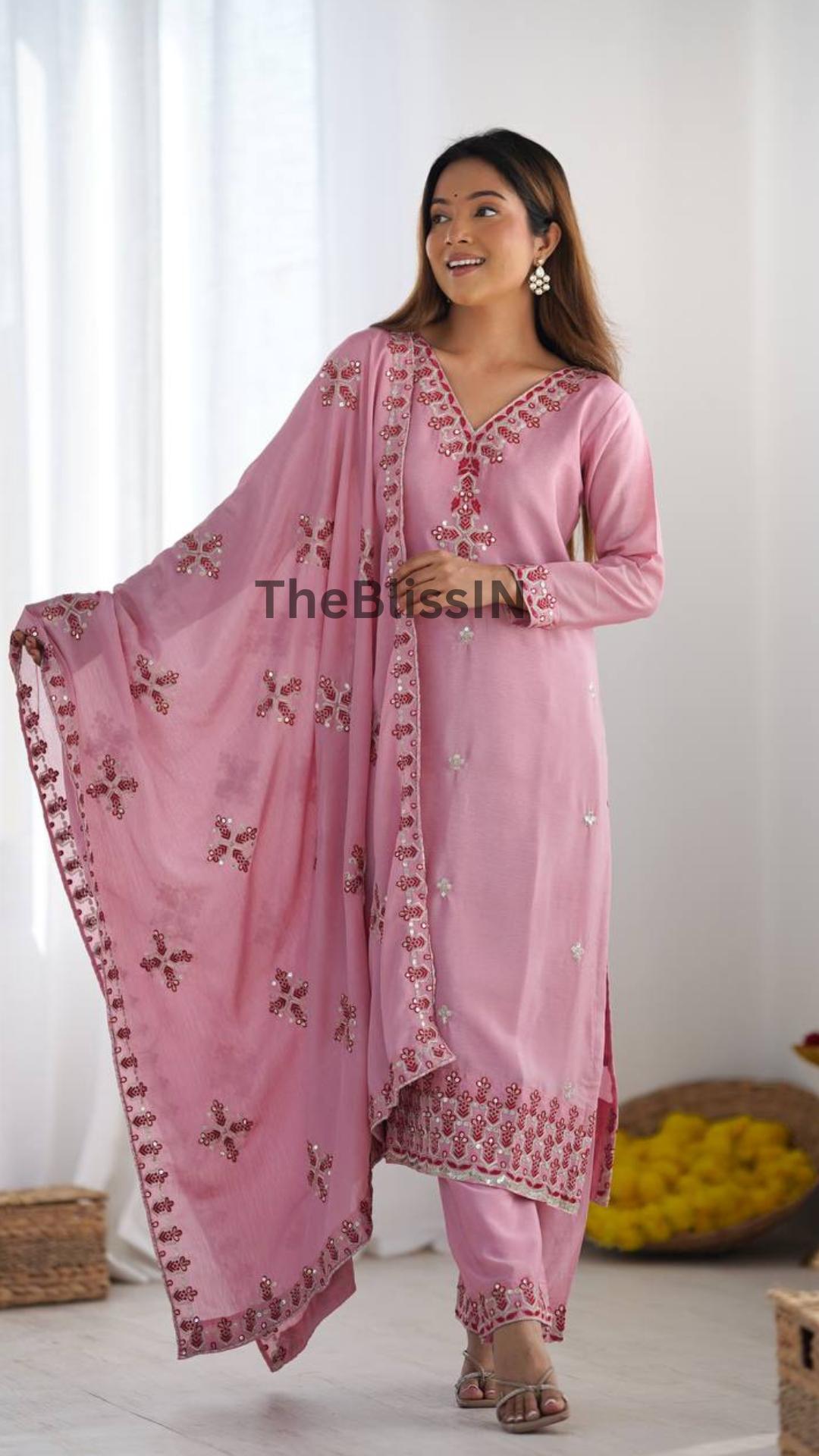 Artisanal Chinnon Silk Heavy Sequence Embroidered Kurta Bottom Dupatta Set